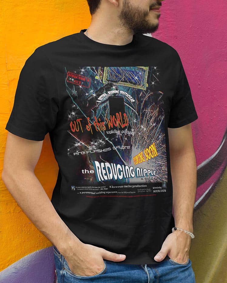 The Reducing nipple Movie poster on a black t-shirt